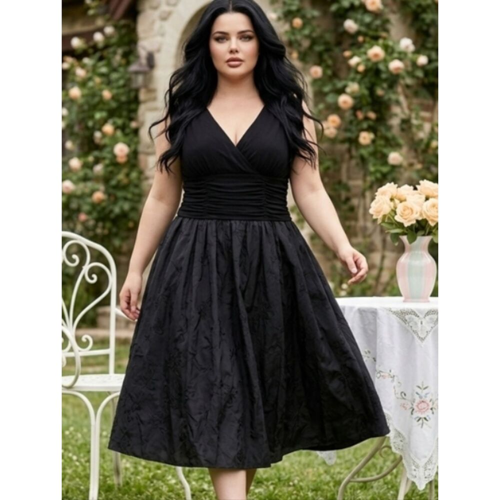 SL Fashions Black V-Neck Ruched Waist Midi Dress
